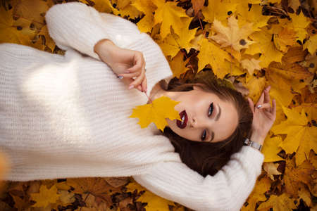Pretty stylish woman with fashion makeup is lying down on carpet of yellow maple leavesの写真素材