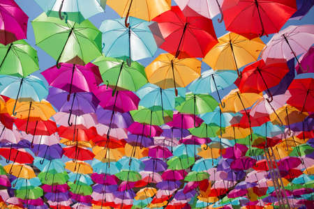 Colorful umbrellas background. Street decoration in France.の写真素材