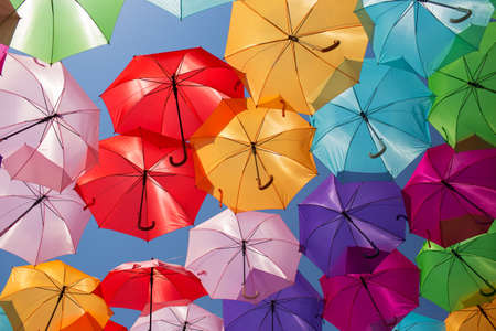 Colorful umbrellas background. Street decoration in France.の写真素材