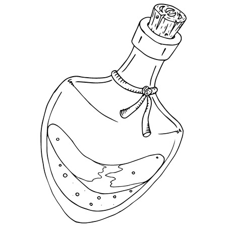 Glass bottle with liquid. Vector illustration transparent jar closed with a stopper. Hand drawm  bottle with liquid.のイラスト素材