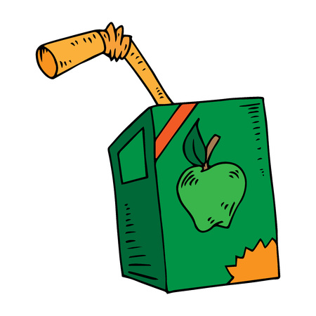 Apple juice. Vector illustration of apple juice in carton with a straw. Hand drawn packet of apple juice with a straw.のイラスト素材