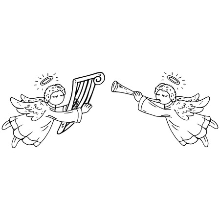 Angel with harp. Angel with flute.  Vector illustration. Two angels opposite each other with musical instruments.のイラスト素材