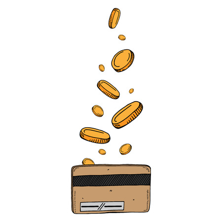 Credit plastic card. Vector illustration plastic card with money and coins. Hand drawn plastic credit card.のイラスト素材