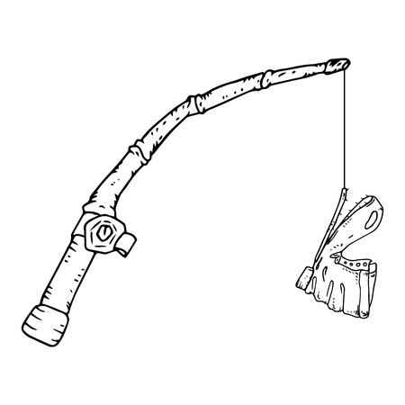 Fishing rod with crochet and boot. Vector illustration fishing gear. Hand drawn.のイラスト素材