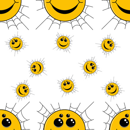Seamless pattern a smiling little face spider. Vector illustration of a smiling spider background. Smiley on web. Funny smiley spider.のイラスト素材