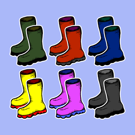 Set of fashionable colorful rubber boots. Vector illustration of autumn boots. Hand  drawn rubber boot. Rubber autumn boots for fishing.のイラスト素材