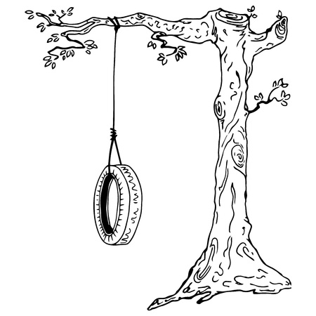 Children's swing on a tree branch. Hand drawn swing from the car tire.  Vector illustration wheel tied to a tree branch.のイラスト素材