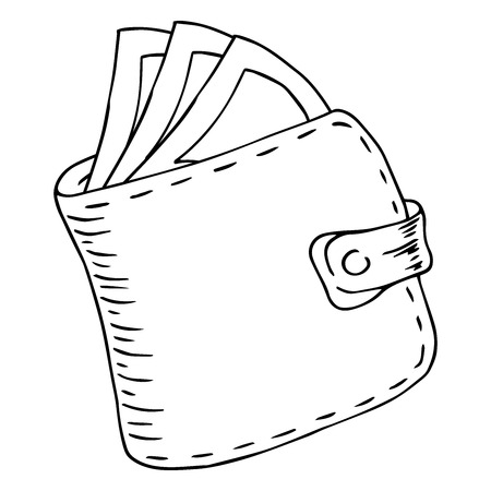 Stitched purse. Wallet icon. Vector illustration of a wallet with bills. Hand drawn wallet with money.のイラスト素材