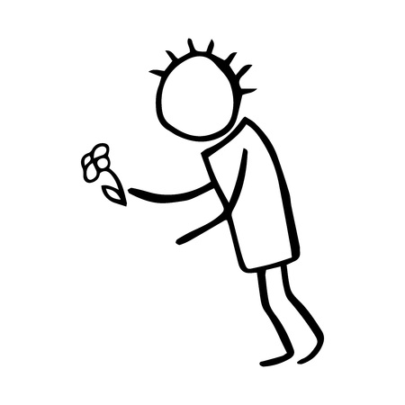 A painted little man. A sketch of a person. A boy carries a flower. Vector illustration.のイラスト素材