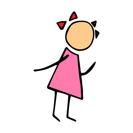 A painted little sketch of a person. Girl with bows in a dress. Vector illustration.のイラスト素材