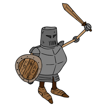 A cartoon knight. A knight with a wooden sword and shield. A low and thick knight. Vector illustration.のイラスト素材