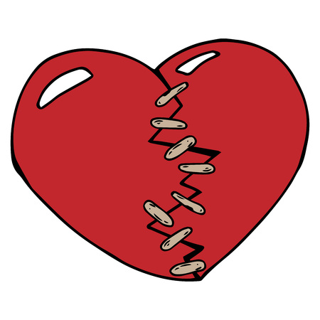 Broken heart of two halves. Hand drawn collected red heart from pieces. Stitched heart with the help of thread. Vector illustration.のイラスト素材