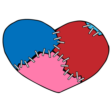 Broken heart from several pieces. Collected heart from red, blue and pink pieces with the help of staple staples. Vector illustration.のイラスト素材