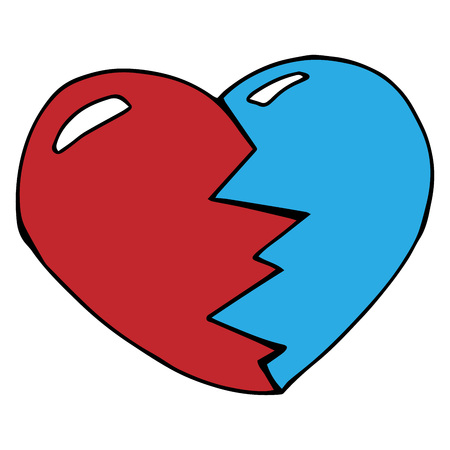 Broken heart of two halves. Red and blue broken heart. The collected heart from pieces. Vector illustration.のイラスト素材
