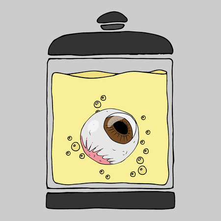 A medical jar with an eyeball in a liquid. Fluid with bubbles. Vector illustration.のイラスト素材