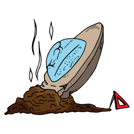 Broken UFO. UFO crash. Vector illustration. Hand drawn cartoon ufo.のイラスト素材