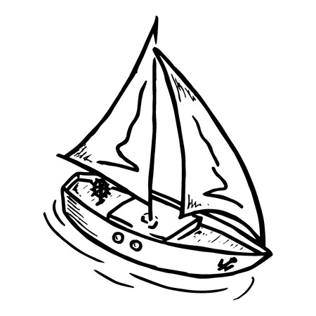 Wooden yacht with a sail. Vector illustration of a boat with sails in the sea. Hand drawn yacht.のイラスト素材