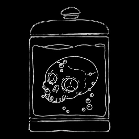 Medical jar with a skull in a liquid. Skull without lower jaw. Skull contour on a black background. Fluid with bubbles. Vector illustration.のイラスト素材