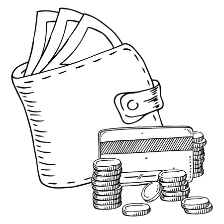 Stitched purse. A leather purse with bills sticking out of it. Credit card with coins. A stack of coins. Vector illustration.のイラスト素材