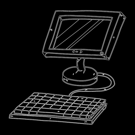Contour LCD monitor on a black background. Flat computer monitor with keyboard. LCD monitor. Vector illustration.のイラスト素材