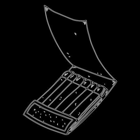 Contour open box of matches on a black background. Paper matches. An open box of matches. Vector illustration.のイラスト素材