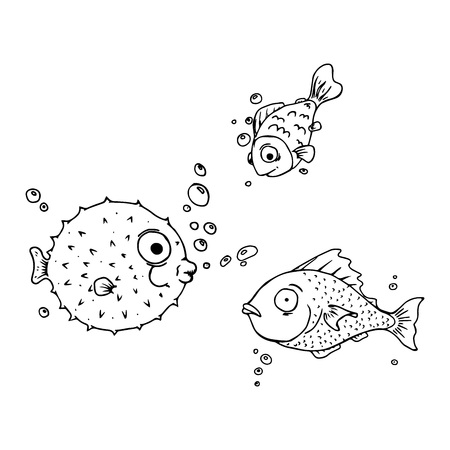A set of cartoon fish. Fish is a hedgehog. Vector illustration.のイラスト素材