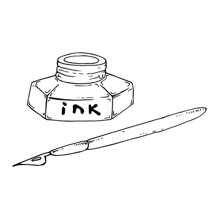 Vector illustration of an inkwell with a feather. Inked with a brush. Inkwell with fountain pen.のイラスト素材