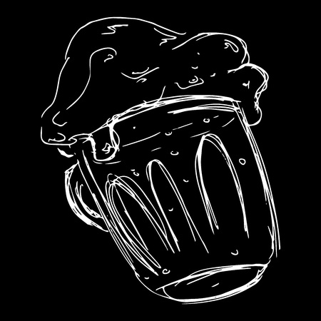 Hand drawn mug of beer. Doodle sketch foamy beer. Vector illustration of an icon, a logo of foam beer in a mug.のイラスト素材