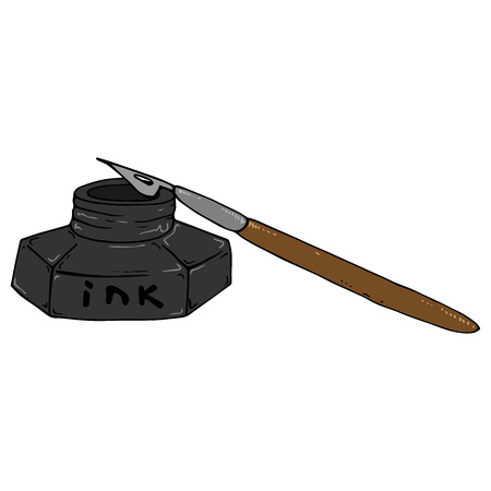 Inkwell with a pen for calligraphy. Vector illustration of a pen and ink. Hand drawn inkwell with a feather.のイラスト素材