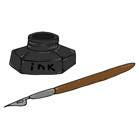 Inkwell with a pen for calligraphy. Vector illustration of a pen and ink. Hand drawn inkwell with a feather.のイラスト素材