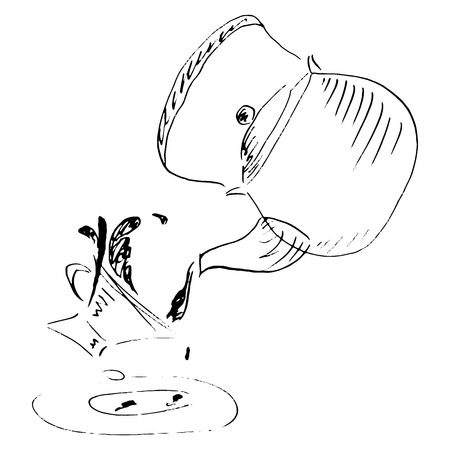 Hand drawn doodle tea cup with a saucer and a kettle. Sketch tea-drinking. Vector image of a teacup and saucer and teapot.のイラスト素材