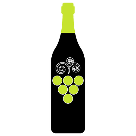 Bottle of white wine. Black bottle of wine with a white neck. Vector illustration bunch of grapes on a bottle.のイラスト素材