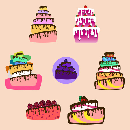 Set of cakes with chocolate. Vector illustration berry cake.のイラスト素材