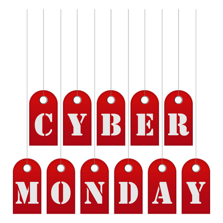 Cyber Monday sale website display with hang tags vector. Background, signboard, banner on cyber monday.のイラスト素材
