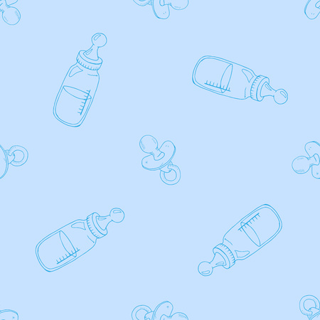 Baby bottle with pacifier seamless pattern. Vector illustration seamless pattern bottle with pacifier for baby. Cute baby background seamless pattern.のイラスト素材