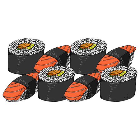 Set roll sushi icon. Vector illustration japanese food sushi roll. Hand drawn set sushi.のイラスト素材