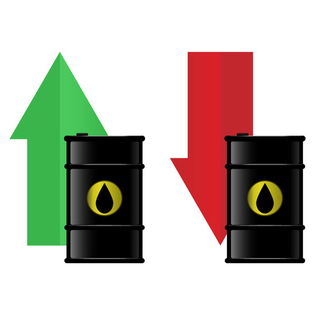 Fall of the oil red arrow down. Rising oil green arrow up. Reducing cost of barrels of petroleum. Vector illustration black oil barrel drums with labels.のイラスト素材