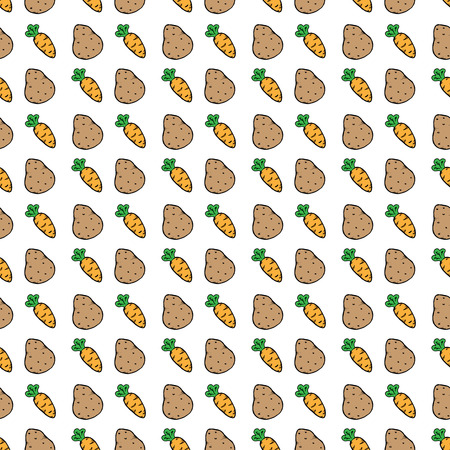 Hand drawn doodle potatoes and carrots. Vector illustration of a background of potatoes and carrots. Set vegetables.のイラスト素材