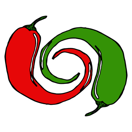 Hot chili peppers. Vector illustration of chili pepper. Hand drawn hot red pepper. Icon logo bitter red pepper. Doodle green and red pepper.のイラスト素材