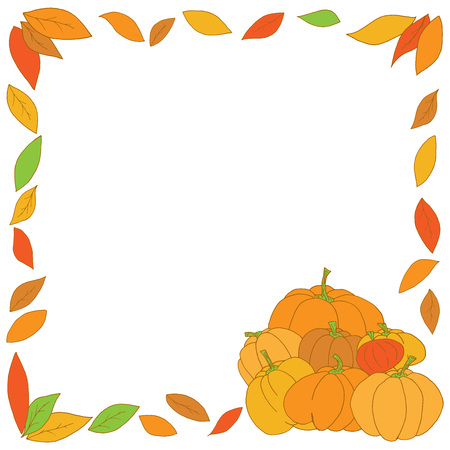Hand drawn set of pumpkins with autumn leaves. Vector illustration of pumpkins and autumn leaves on Halloween. Bright festive pumpkins on the postcard.のイラスト素材