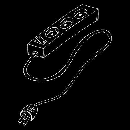Electrical extension cord on black background. Vector illustration of an electrical extension cord. Hand drawn electrical extension with button.のイラスト素材