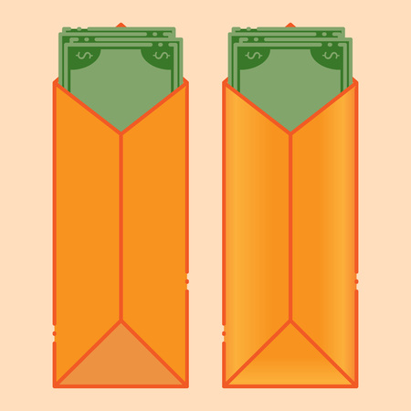 Money, dollars in an envelope. Vector illustration of dollars in a yellow envelope. Money, bills, dollars.のイラスト素材