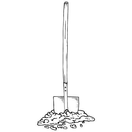 Shovel with the ground. Vector of a shovel with a wooden handle. Hand drawn shovel.のイラスト素材