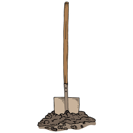 Shovel with the ground icon. Vector of a shovel with a wooden handle. Hand drawn shovel.のイラスト素材