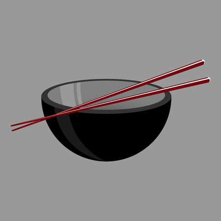 Bowl of soup with red chopsticks. Japanese sticks and a bowl. Chinese set of dishes for eating.のイラスト素材