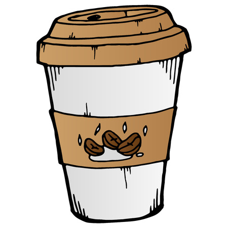 Hand drawn coffee in a paper cup. Doodle coffee from the coffee machine. Vector illustration of a paper glass coffee in a fast food.のイラスト素材