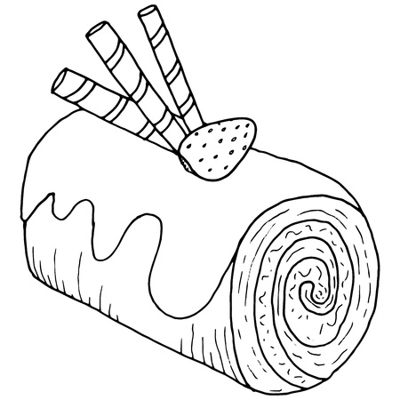 Strawberry cake roll. Vector illustration of a roll with strawberries. Hand drawn fruit roll pie. Slice of cake roulade with chocolate and strawberries.のイラスト素材