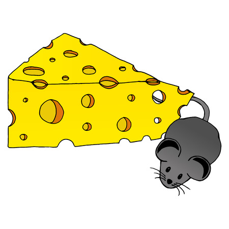 vector grey mouse with piece yummy cheese with holes. vector imageのイラスト素材