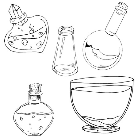 Set of glass jars. Vector illustration of a set of different cans. Hand drawn glass jars, vial, container.のイラスト素材
