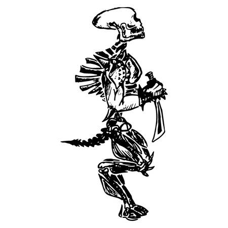 Skeleton with a sword. Sketch of an unusual skeleton. Extruded skull. Vector illustration. Hand drawn.のイラスト素材